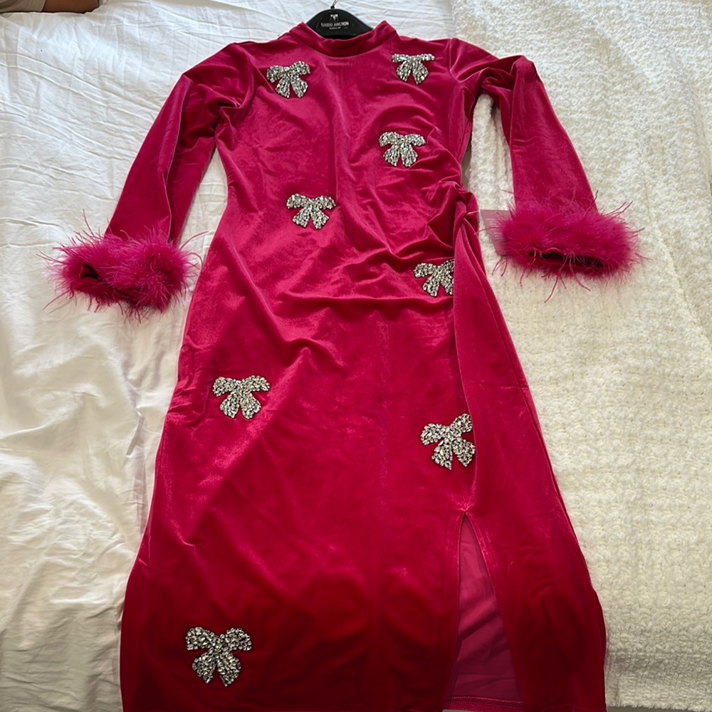 Pink Velvet Dress with Feather Cuffs